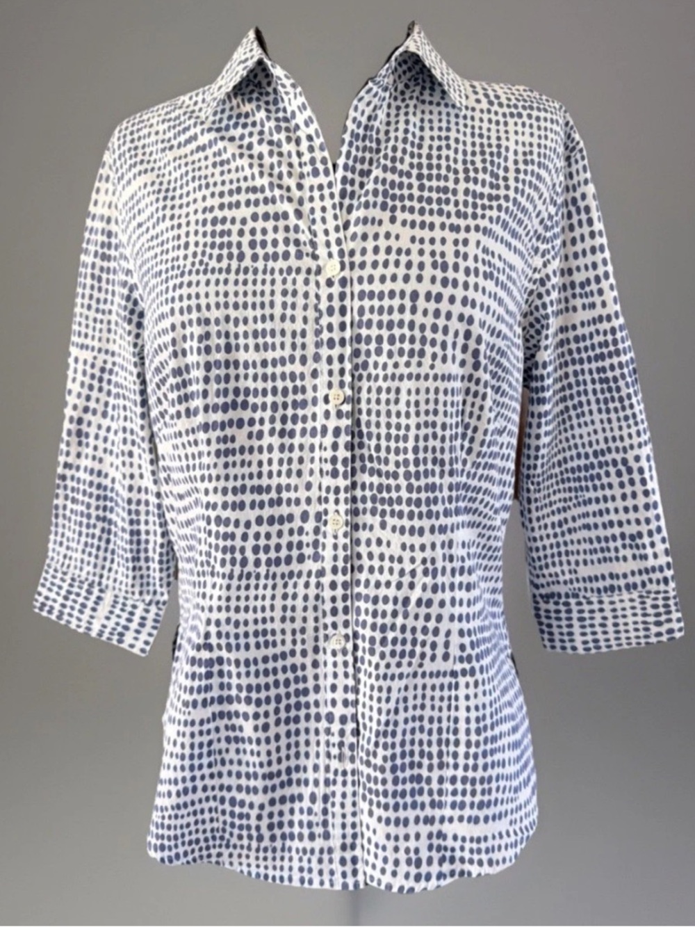 Liberty of London Tanna Lawn Blue Dotted Button Up 3/4 Sleeve Fitted US 8